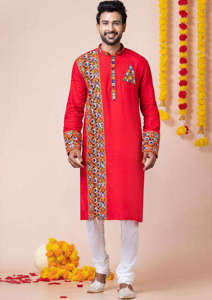 Red Color Heavy Rayon Embroidered Navratri Kurta Pajama