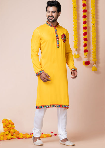 Yellow Color Heavy Rayon Embroidered Navratri Kurta Pajama