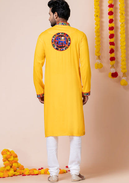 Yellow Color Heavy Rayon Embroidered Navratri Kurta Pajama