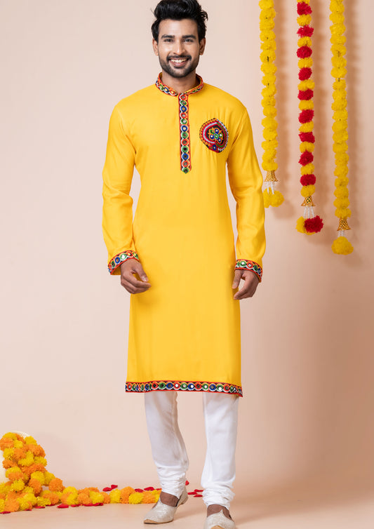 Yellow Color Heavy Rayon Embroidered Navratri Kurta Pajama