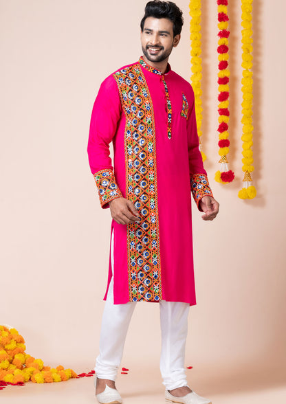 Pink Color Heavy Rayon Embroidered Navratri Kurta Pajama