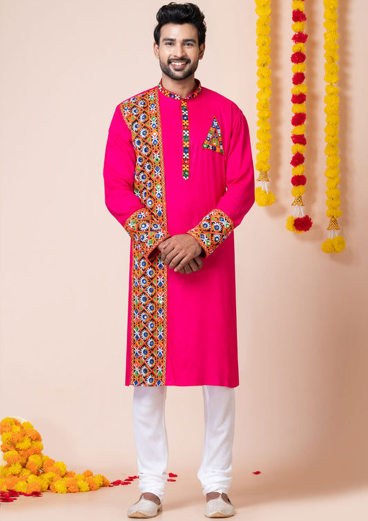 Pink Color Heavy Rayon Embroidered Navratri Kurta Pajama