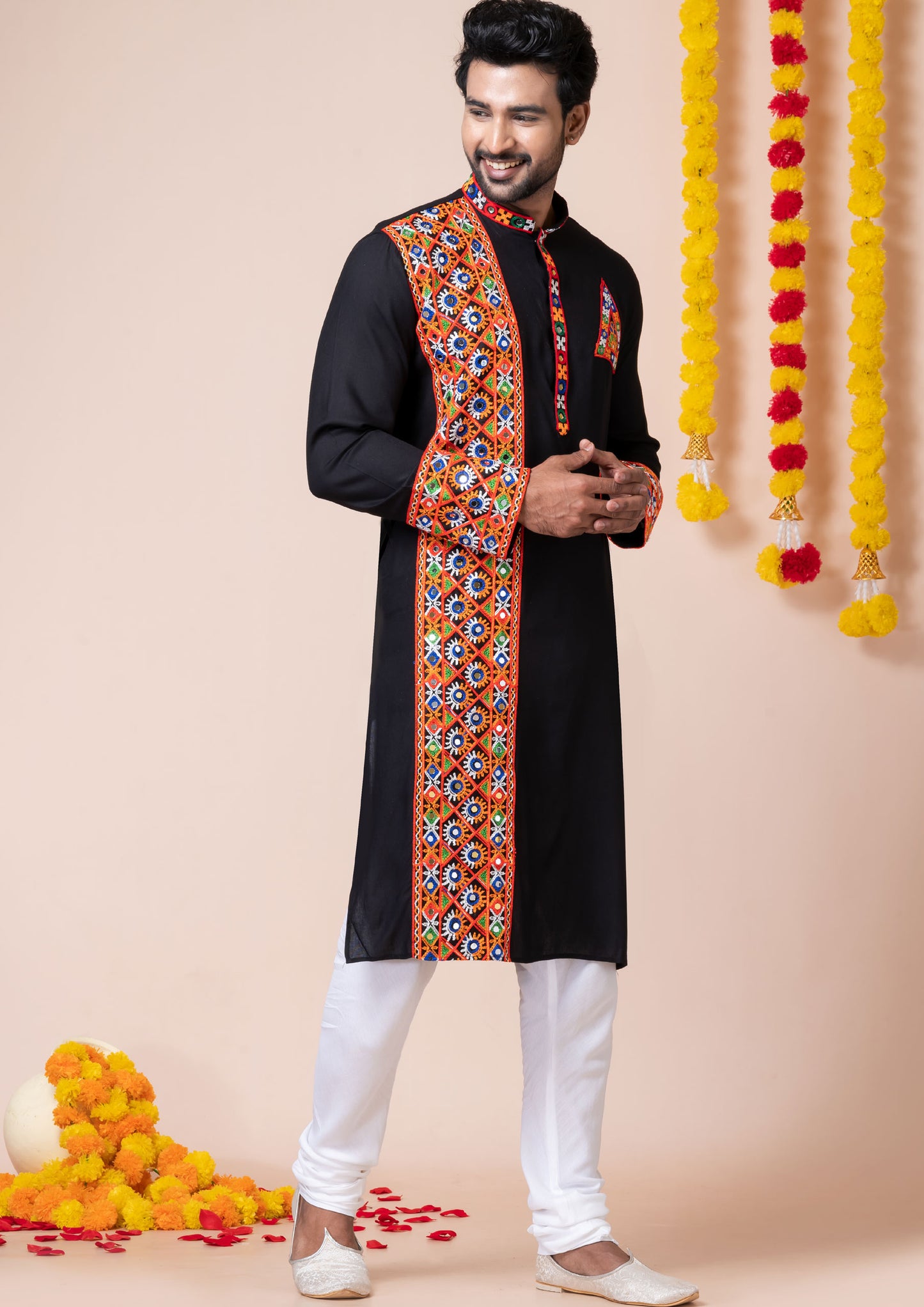 Black Color Heavy Rayon Embroidered Navratri Kurta Pajama