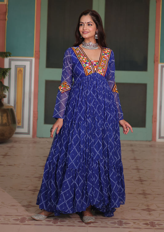 Blue Color Faux Georgette Bandhani Print Work navratri Gown