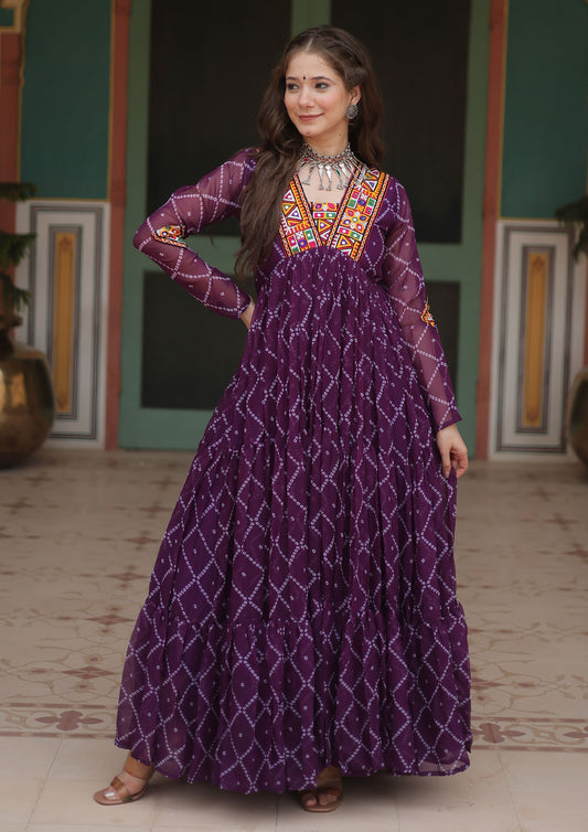 Purple Color Faux Georgette Bandhani Print Work navratri Gown