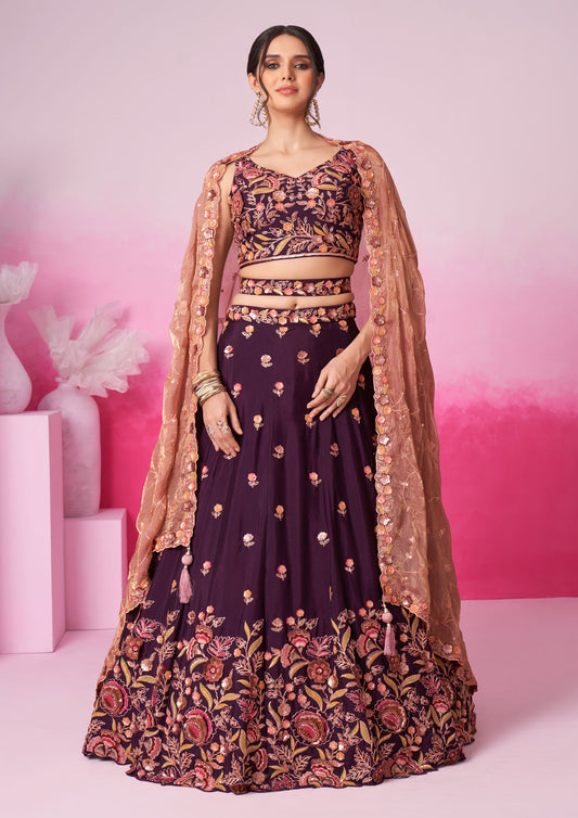 Burgundy Color Poly Chiffon Sequins Embroidered Lehenga