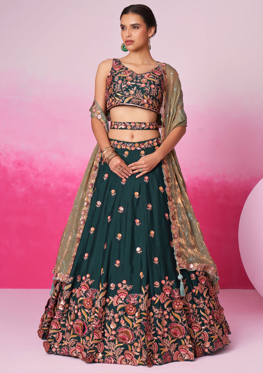 Green Color Poly Chiffon Sequins Embroidered Lehenga