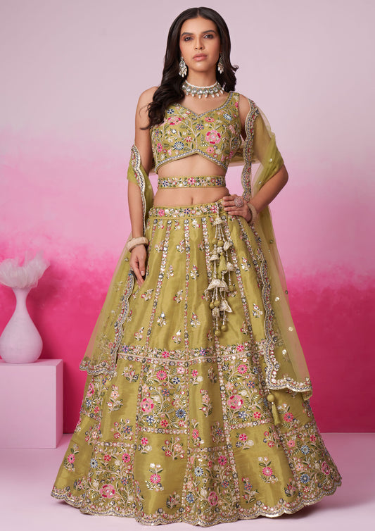 Mustard Color Net Sequins Embroidered Lehenga For Wedding