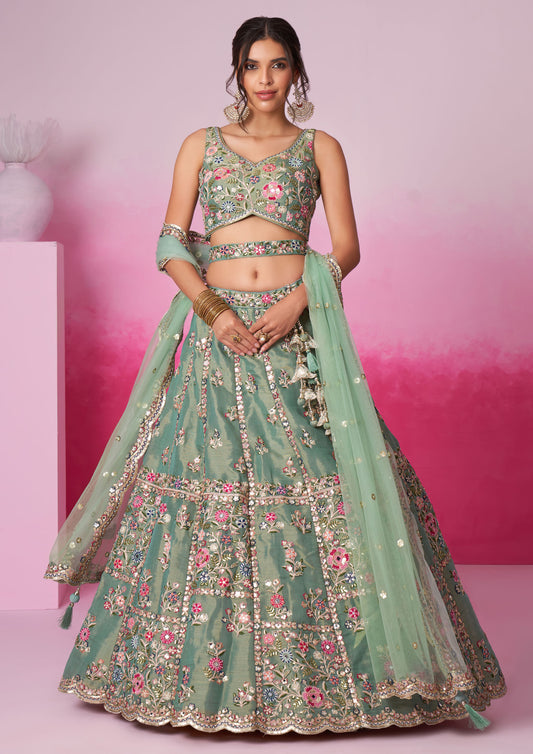 Sea Green Color Net Sequins Embroidered Lehenga For Wedding