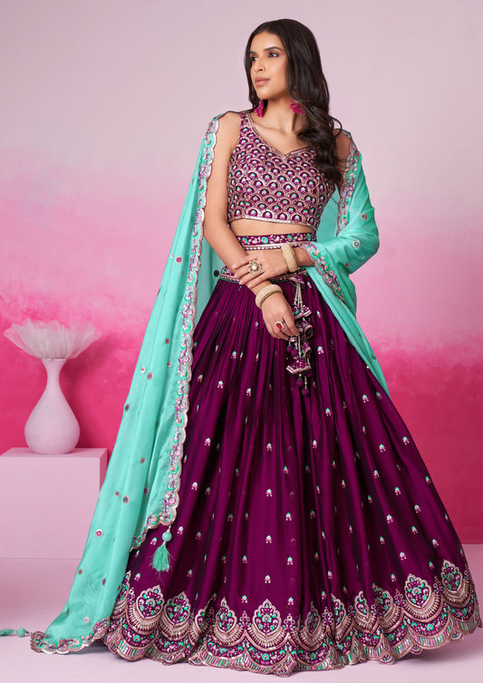 Burgundy Color Poly Georgette Sequins Embroidered Lehenga For Wedding