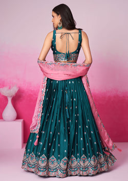 Teal Color Poly Georgette Sequins Embroidered Lehenga For Wedding