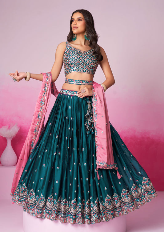 Teal Color Poly Georgette Sequins Embroidered Lehenga For Wedding