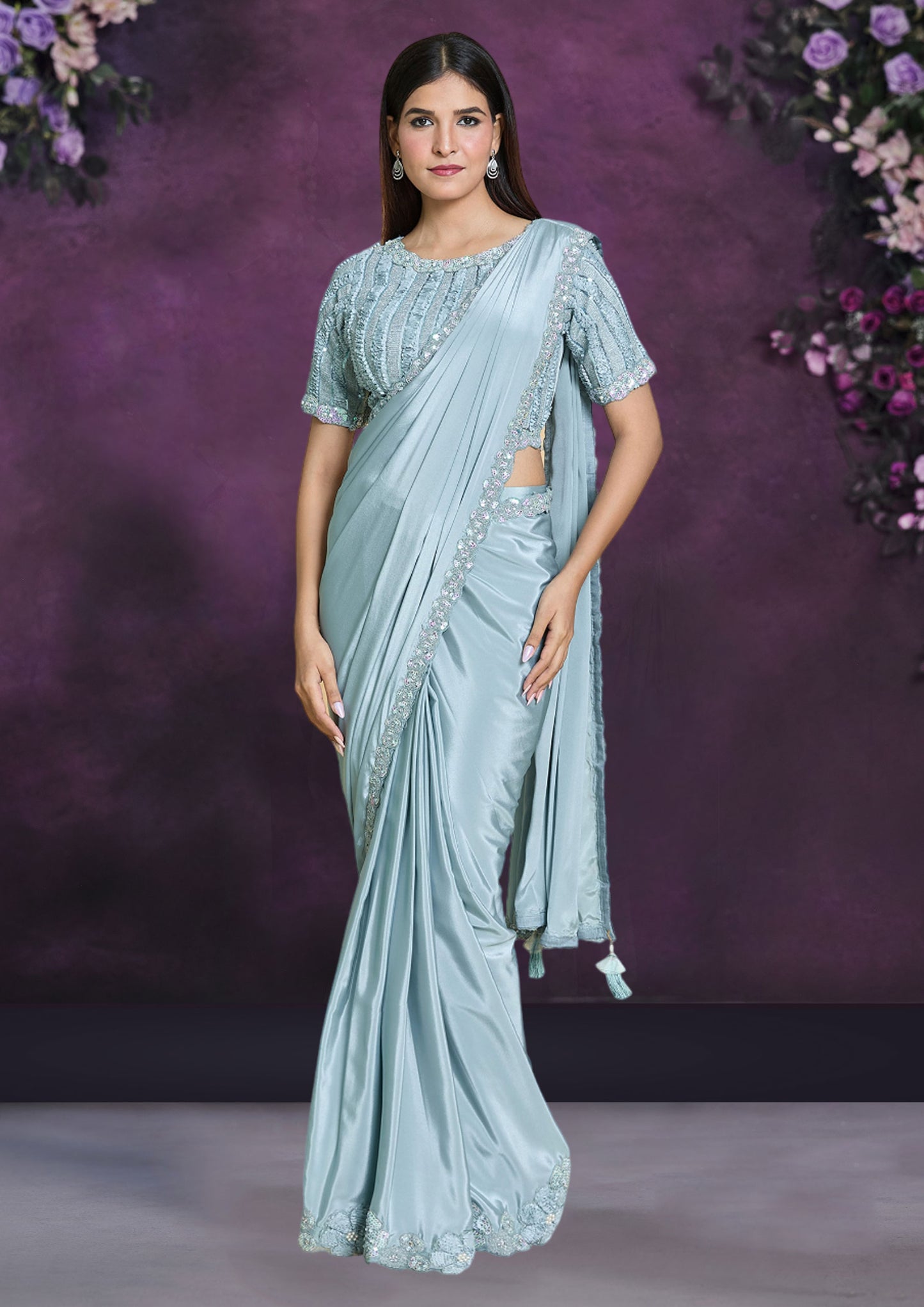 Blue Color Silk Crepe Georgette Party Wear Saree