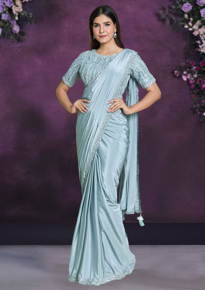 Blue Color Silk Crepe Georgette Party Wear Saree