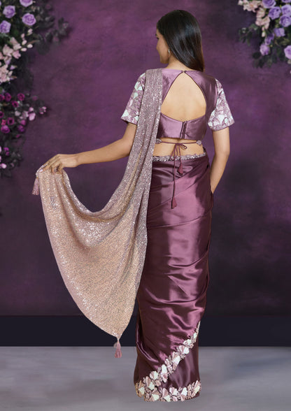 Magenta Color Silk Satin Crepe Saree For Party