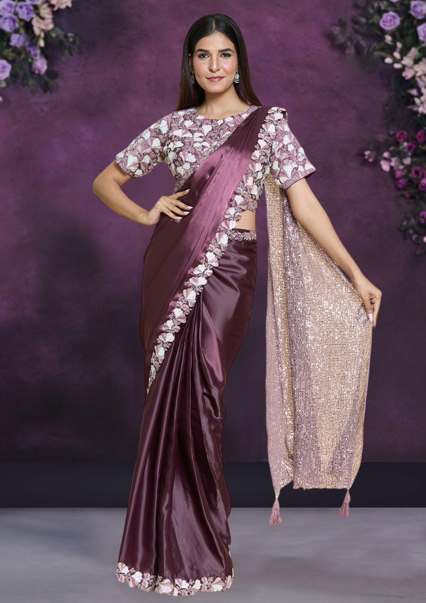 Magenta Color Silk Satin Crepe Saree For Party