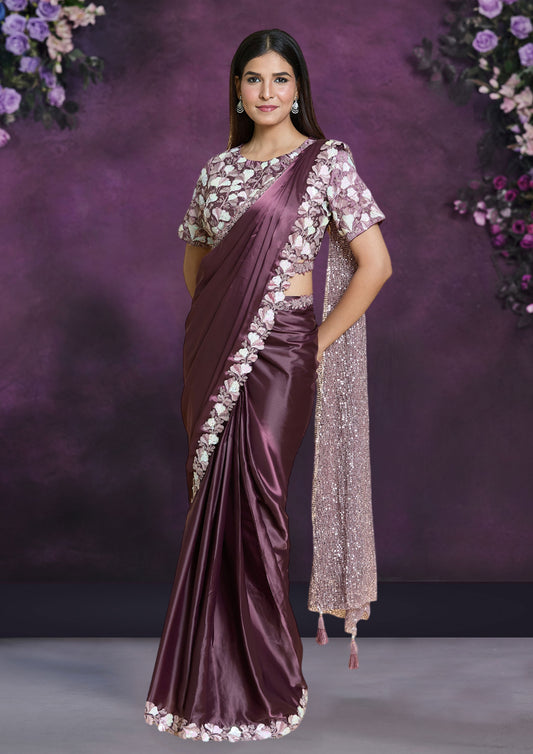 Magenta Color Silk Satin Crepe Saree For Party