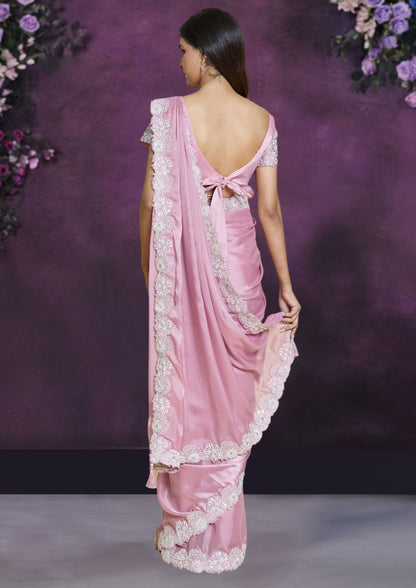 Pink Color Organza Silk Crepe Saree For Party