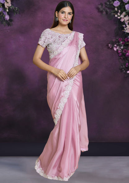 Pink Color Organza Silk Crepe Saree For Party