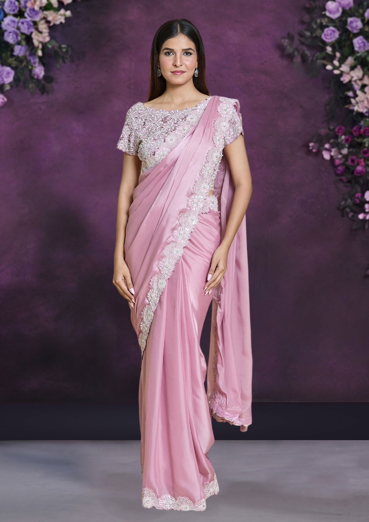 Pink Color Organza Silk Crepe Saree For Party