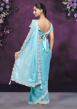 Turquoise Color Organza Silk Crepe Party Wear Saree