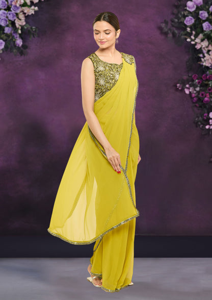 Green Color Georgette Thread And Zari Work Saree