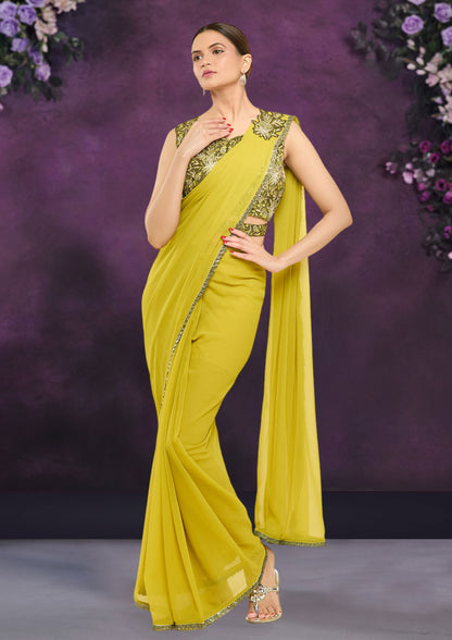 Green Color Georgette Thread And Zari Work Saree