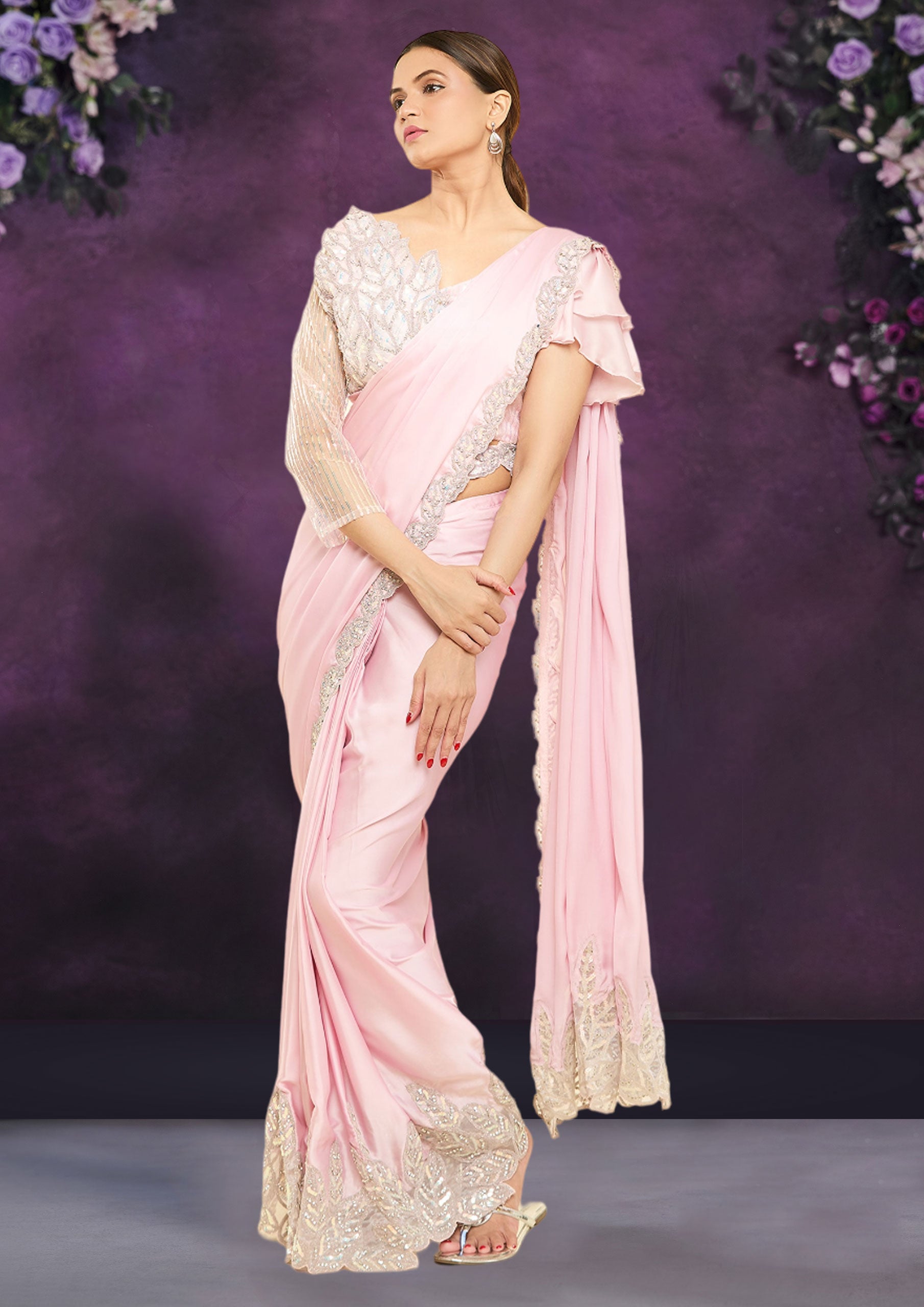 Pink Color Crepe Satin Silk Party Wear Saree