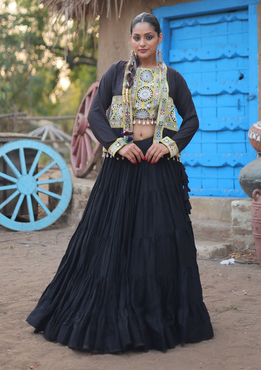 Black Color Rayon Gamthi Work Lehenga Choli With Koti