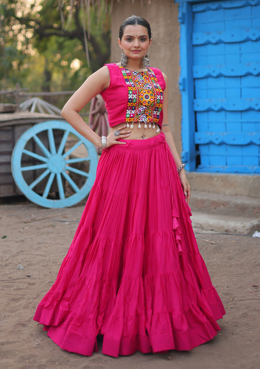 Pink Color Rayon Gamthi Work Lehenga Choli With Koti