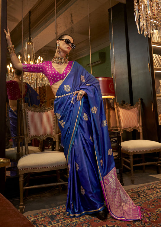 Blue Color Pure Satin Weaving Work Saree