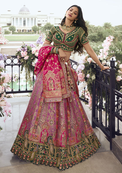 Pink Color Banarasi Silk Zarkan Work Wedding Wear Lehenga