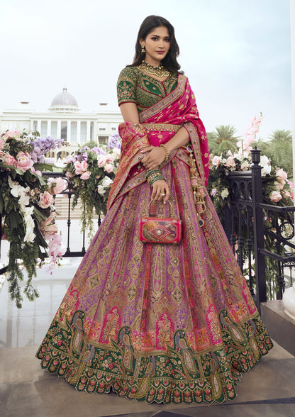 Pink Color Banarasi Silk Zarkan Work Wedding Wear Lehenga