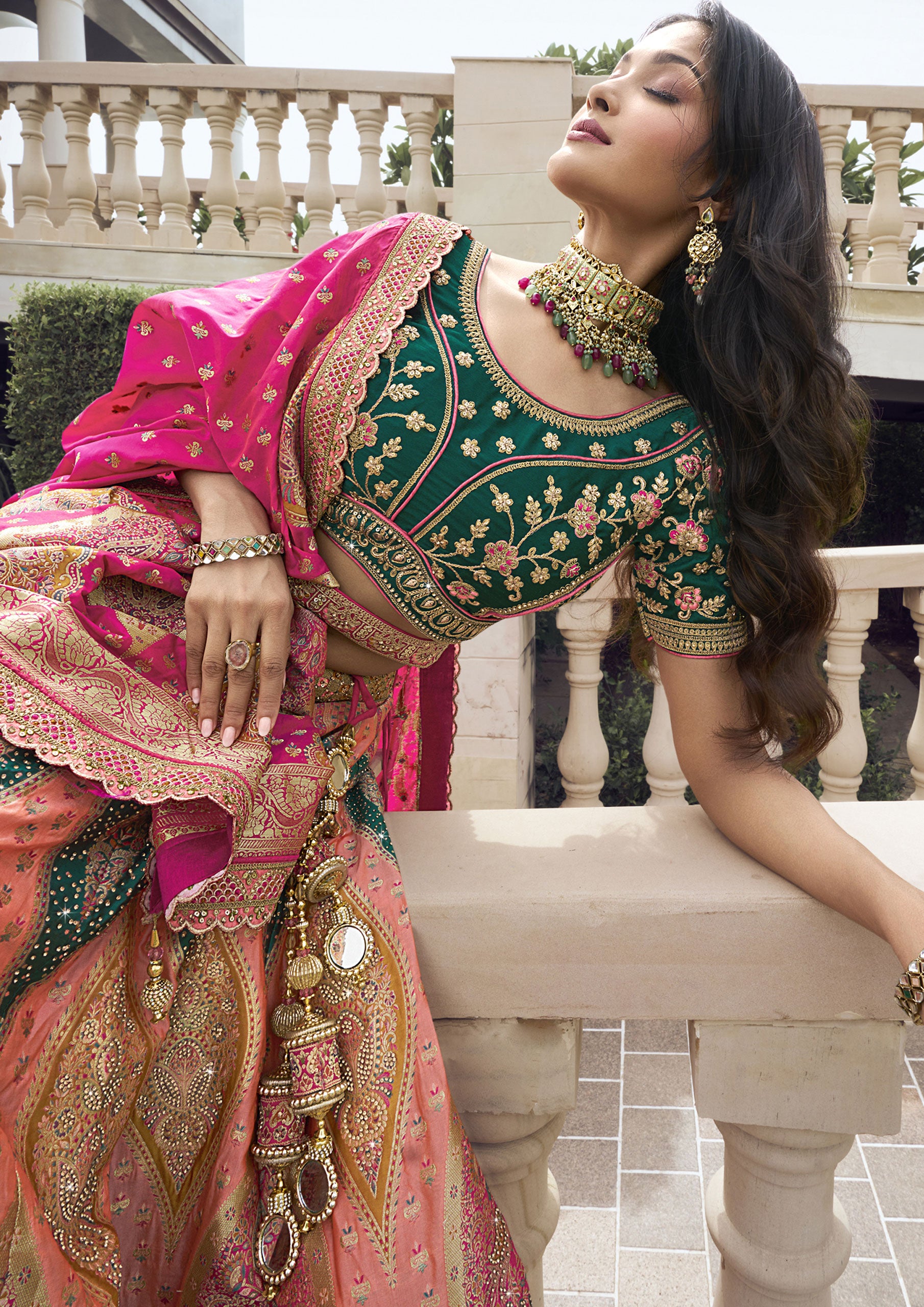 Fancy Multi Color Banarasi Silk Zarkan Work Lehenga For Wedding