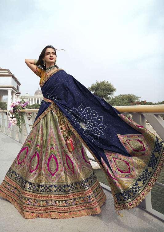 Designer Multi Color Banarasi Silk Zarkan Work Lehenga For Wedding