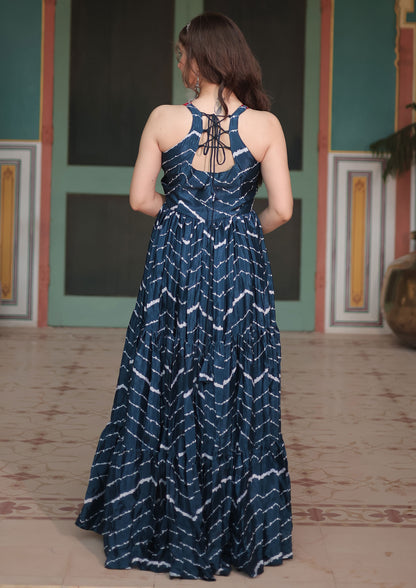 Blue Color Chinnon Lehriya Print Gown For Navratri