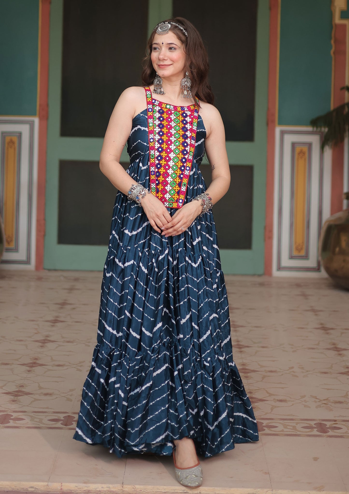 Blue Color Chinnon Lehriya Print Gown For Navratri