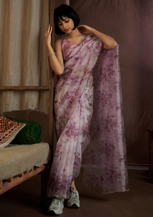 Lavender Color Floral Print Soft Organza Saree