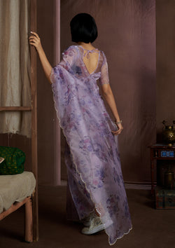 Purple Color Soft Organza Flower Print Saree