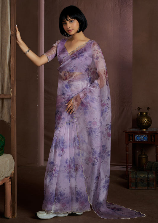 Purple Color Soft Organza Flower Print Saree