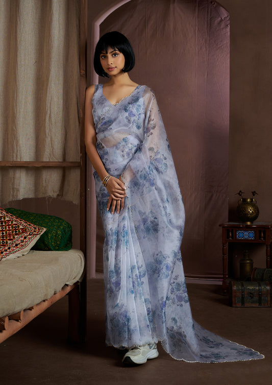 Fancy Blue Color Soft Organza Floral Print Saree