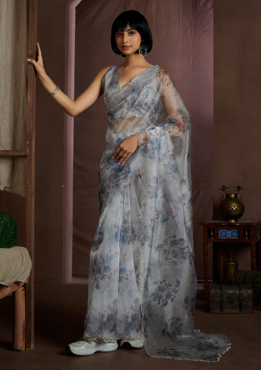 Classic Grey Color Soft Organza Floral Print Saree