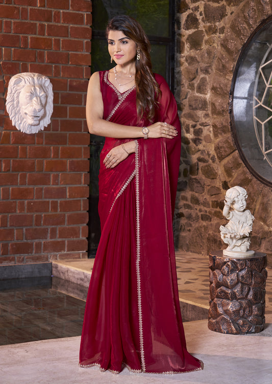 Maroon Color Jimmy Silk Zarkan Work Party Wear Saree