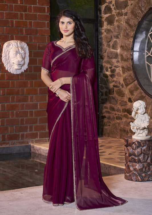 Wine Color Jimmy Silk Zarkan Work Saree