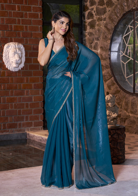 Firozi Color Jimmy Satin Zarkan Work Saree