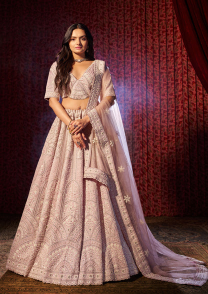 Lilac Color Thread And Sequins Work Silk Lehenga Choli