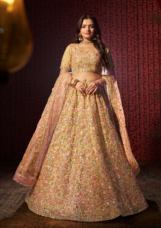 Beige Color Net Thread And Sequins Work Wedding Lehenga