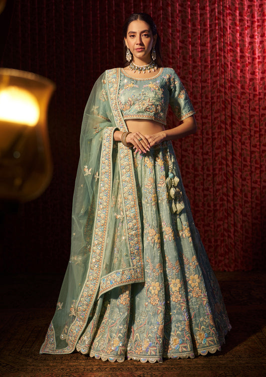 Turquoise Color Organza Zarkan Work Lehenga For Wedding