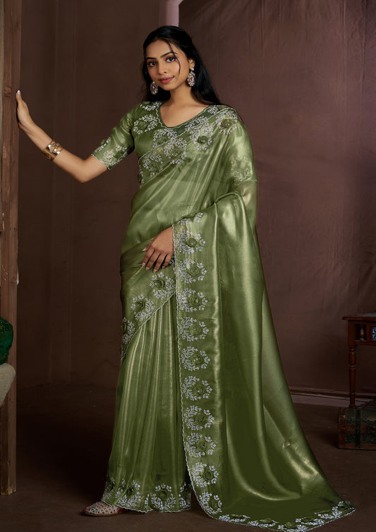 Green Color Silk Sequins  Applique Flower Work Saree