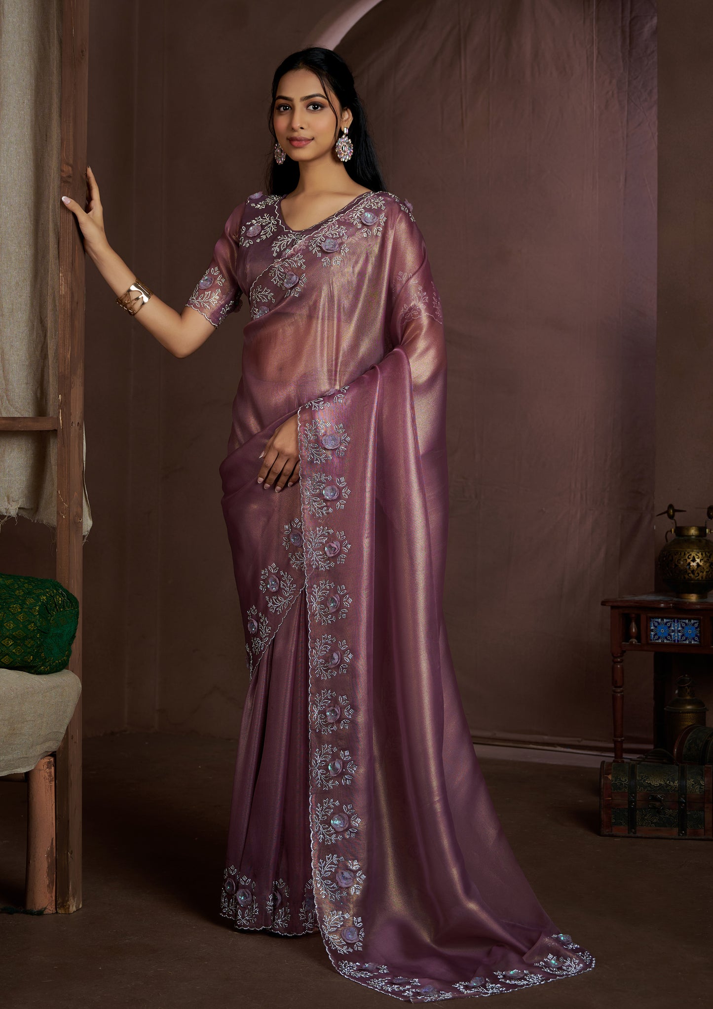 Lavender Color Silk Sequins Applique Flower Work Saree